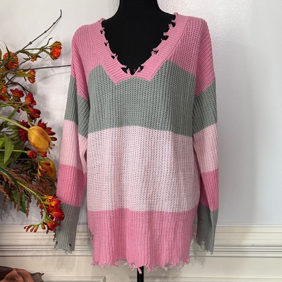 NWT Simply Southern Pink & Grey Strip Colorblock Raw Knit Sweater XL - Picture 1 of 7